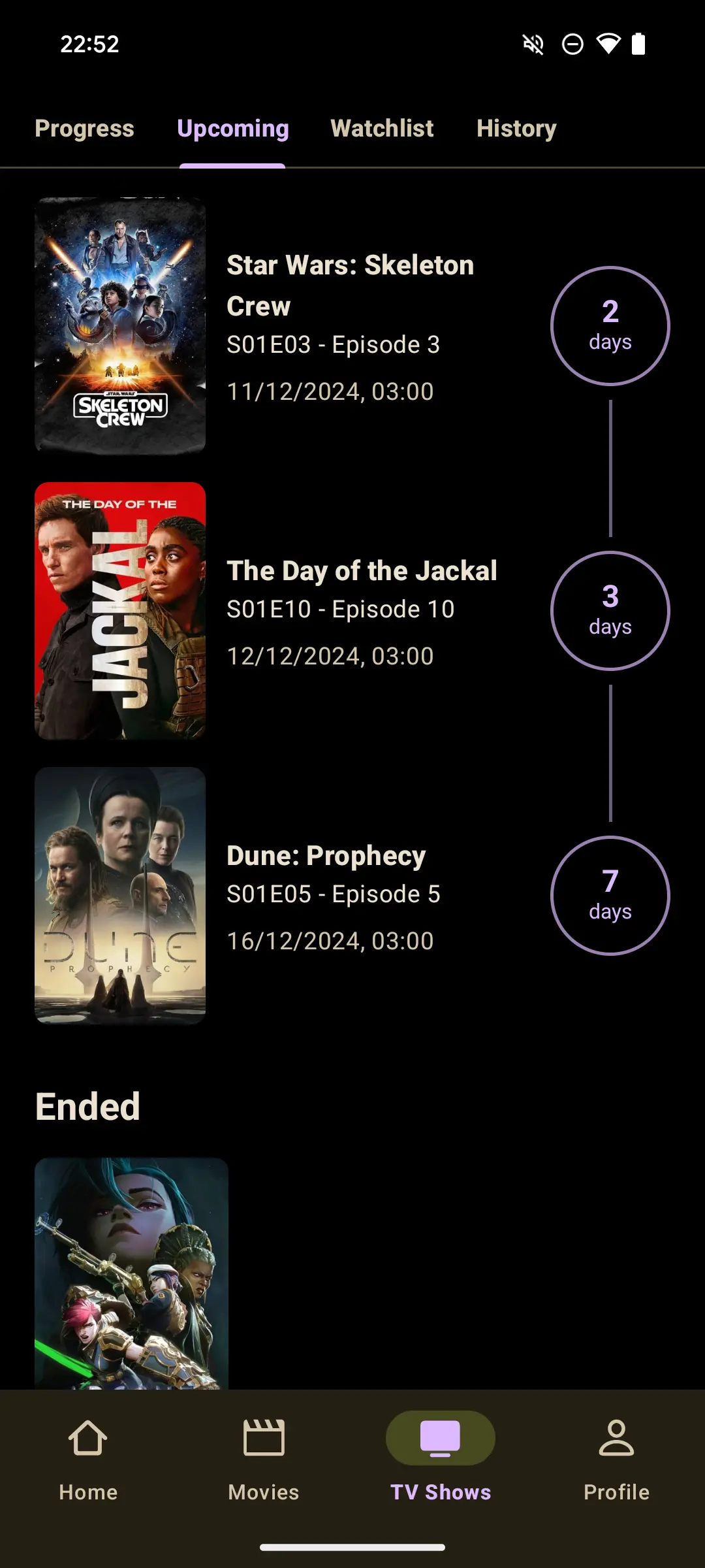 Moviebase app interface displaying watched progress and upcoming episodes