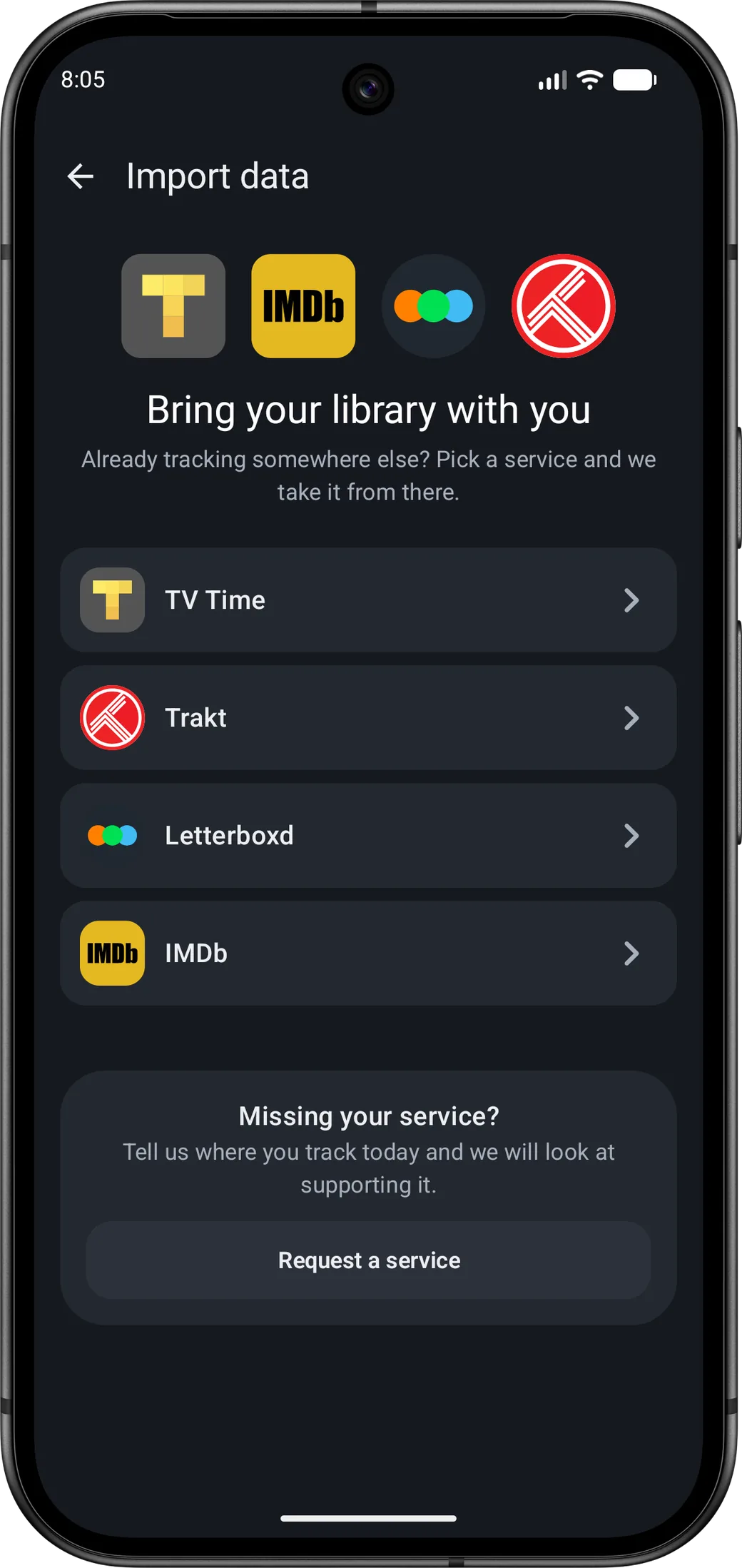 Moviebase app import screen offering TV Time, Trakt, Letterboxd and IMDb